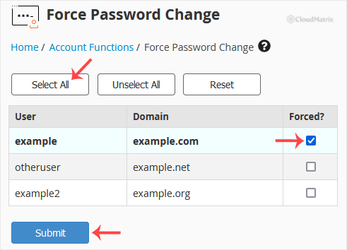 WHM Force Password Change interface listing cPanel accounts with Forced? checkboxes selected and the Submit button below