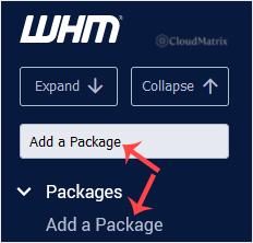 The WHM left-hand menu with the Packages section expanded, showing the Add a Package option