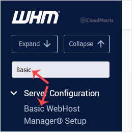 WHM sidebar menu filter box with the word Basic typed in, showing the Basic WebHost Manager Setup result under Server Configuration