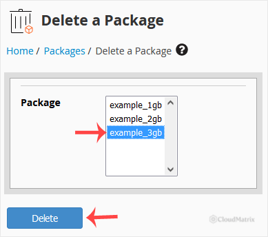 The WHM Delete a Package screen showing the package selection list and the Delete button