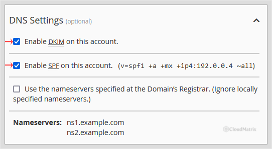 WHM Create a New Account DNS Settings section with the options to enable DKIM and SPF for the new account