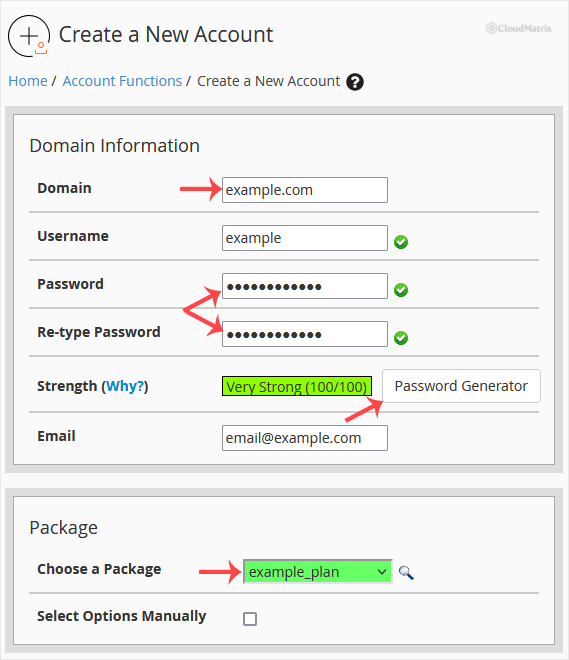 WHM Create a New Account form showing the Domain Information fields: domain, username, password, re-type password and email