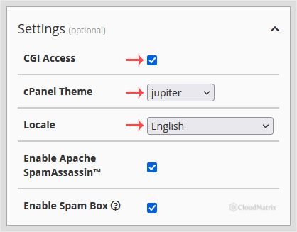 WHM Create a New Account Settings section showing dedicated IP, shell access, CGI access, cPanel theme and locale options
