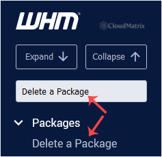 The WHM left sidebar with the menu filter box used to find Delete a Package under the Packages section