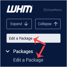 The WHM left sidebar with the Packages section expanded, showing the Edit a Package option