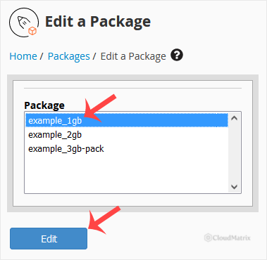 The WHM Edit a Package screen with the package selection menu and the Edit button