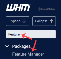 The Packages menu in WHM expanded to show the Feature Manager option
