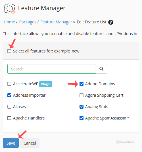 The WHM Feature Manager selection screen showing feature tick boxes and the Save button