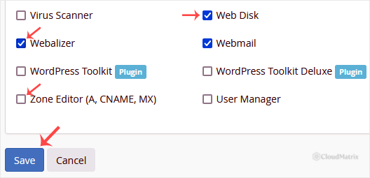 Feature Manager edit screen showing feature checkboxes ticked and unticked before saving the list