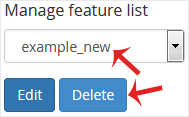 WHM Feature Manager showing the Manage feature list drop-down with a custom feature list selected