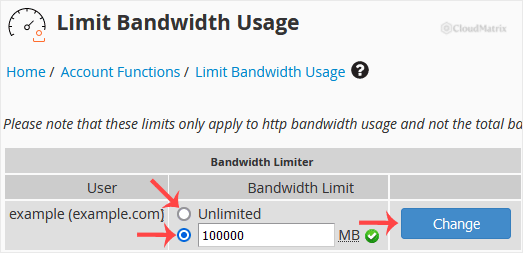 WHM Bandwidth Limit field showing the Unlimited option and the value box, with the Change button below