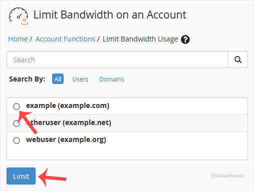 WHM Limit Bandwidth Usage screen with the account search box and the Limit button