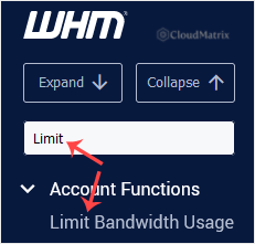 WHM left menu filter showing the Limit Bandwidth Usage option under the Account Functions group