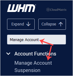 WHM left-hand menu showing Account Functions expanded with Manage Account Suspension highlighted
