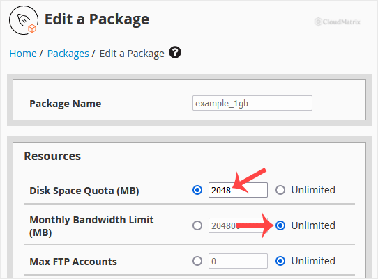 The WHM Edit a Package form showing the editable resource fields for disk quota, bandwidth, FTP accounts, email accounts and databases