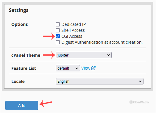 The Settings section of the WHM Add a Package form, showing the Dedicated IP, Shell Access, cPanel Theme, Locale and Feature List options
