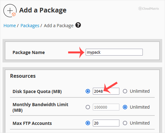 The WHM Add a Package resource fields, including disk quota, monthly bandwidth, and limits for FTP accounts, email accounts, databases, subdomains and addon domains