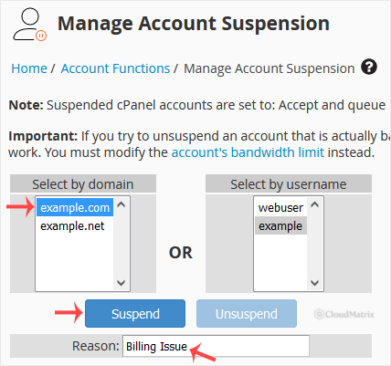 WHM Manage Account Suspension page with the account selection lists and the suspension reason field