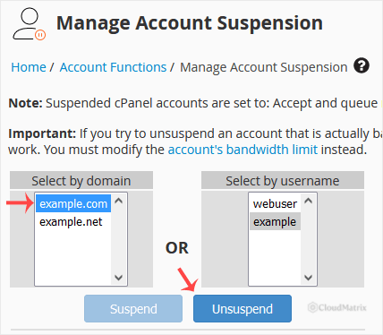 WHM Manage Account Suspension interface with a suspended account shown in red and the Unsuspend button below