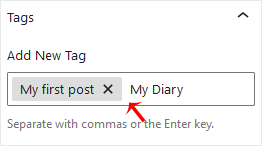 The Tags panel in the WordPress post settings sidebar with a tag being typed into the Add New Tag box
