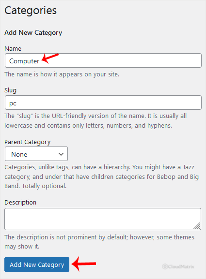 WordPress Add New Category form showing the Name, Slug, Parent Category and Description fields