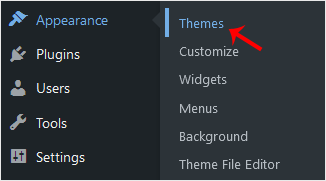 WordPress dashboard sidebar with the Appearance menu expanded and Themes highlighted