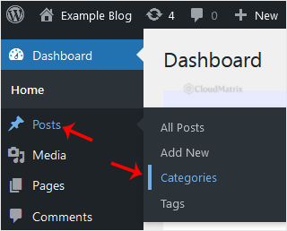WordPress dashboard sidebar with Posts expanded and the Categories option highlighted