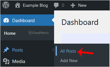 WordPress dashboard left hand menu with Posts expanded and All Posts highlighted