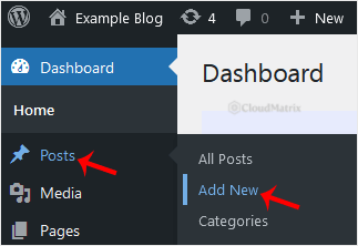 The WordPress dashboard menu with Posts expanded and Add New highlighted