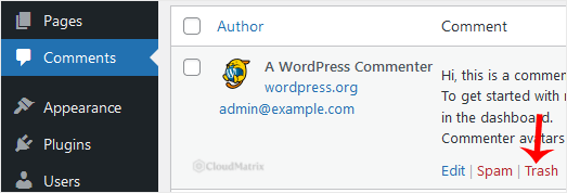 Hovering a comment row on the WordPress Comments screen to reveal the Trash action