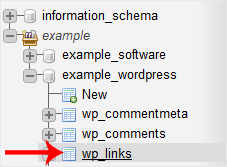Selecting the wp_links table from the list of tables inside a WordPress database in phpMyAdmin