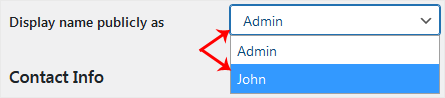 The Display name publicly as drop-down menu on the WordPress profile screen with the new nickname selected
