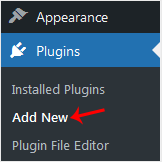 WordPress dashboard sidebar with the Plugins menu expanded and the Add New option highlighted