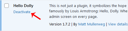 The WordPress Installed Plugins table with the Deactivate link shown beneath the Hello Dolly plugin name
