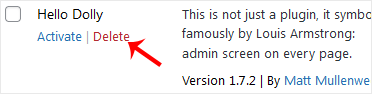 The WordPress Installed Plugins table showing the Delete link beneath a deactivated plugin, with the browser confirmation dialogue