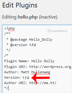Plugin File Editor showing the Version line in the Hello Dolly plugin header being changed to a lower version number