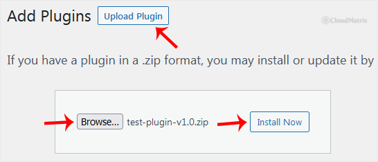 The Upload Plugin panel on the WordPress Add Plugins screen, with the file chooser and the Install Now button