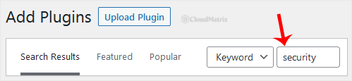 The Add Plugins screen in WordPress with the keyword Security typed into the Search plugins box