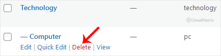 Hovering over a category row in the WordPress Categories table to reveal the red Delete link and the browser confirmation dialogue