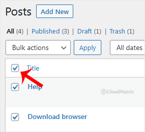 WordPress All Posts list with the header checkbox ticked so that every post on the page is selected