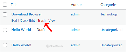 Hovering over a post title in the WordPress All Posts list to reveal the Edit, Quick Edit, Trash and View row action links, with Trash highlighted