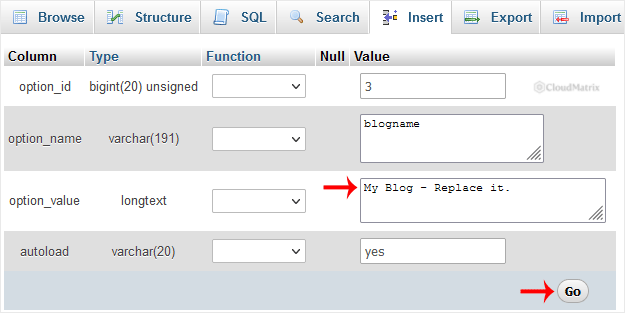 Editing a field value in a phpMyAdmin table row and clicking the Go button to save the change
