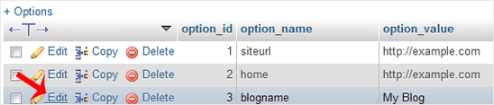 The Edit link at the start of a table row on the Browse tab in phpMyAdmin