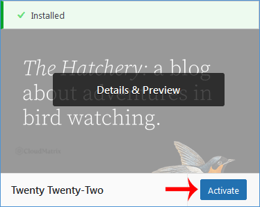 The Activate button shown on a newly installed WordPress theme