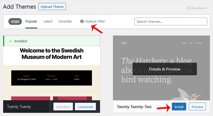 Browsing available themes on the WordPress Add Themes screen with the Install and Preview buttons visible