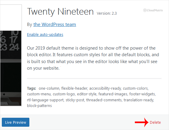 WordPress theme details panel with the Delete link highlighted in the bottom right corner