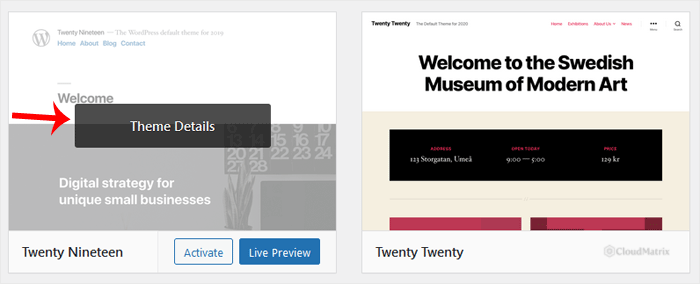 WordPress Themes screen with the mouse hovering over an inactive theme, showing the Theme Details button