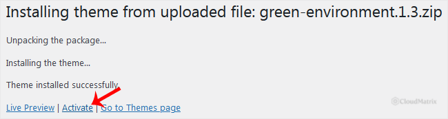 The WordPress theme installation result screen showing Theme installed successfully with Live Preview and Activate links