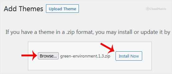 The WordPress theme upload panel with the file browse button and the Install Now button