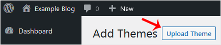 The Add Themes screen in WordPress with the Upload Theme button next to the page heading